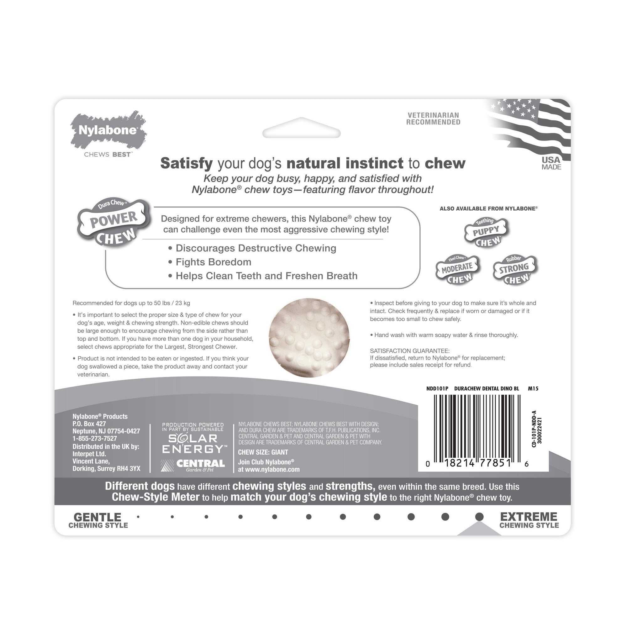 Nylabone Power Chew Dental Dinosaur Dog Toy Chicken, White, 1ea/Large/Giant Up To 50 Lbs. 1 ct