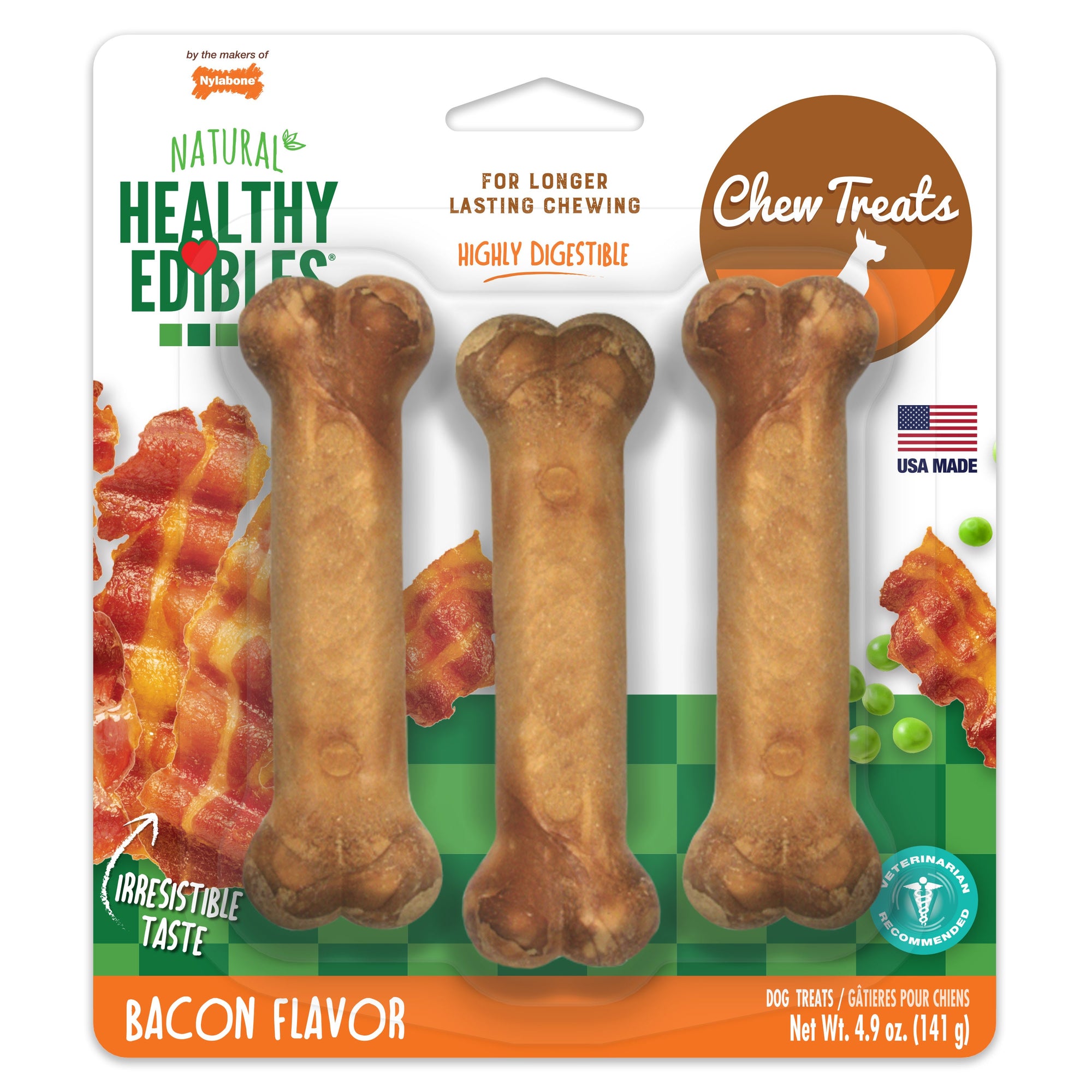 Nylabone Healthy Edibles AllNatural Long Lasting Chew Treats Bacon, 1ea/SMall/Regular Up To 25 Ibs. 3 ct