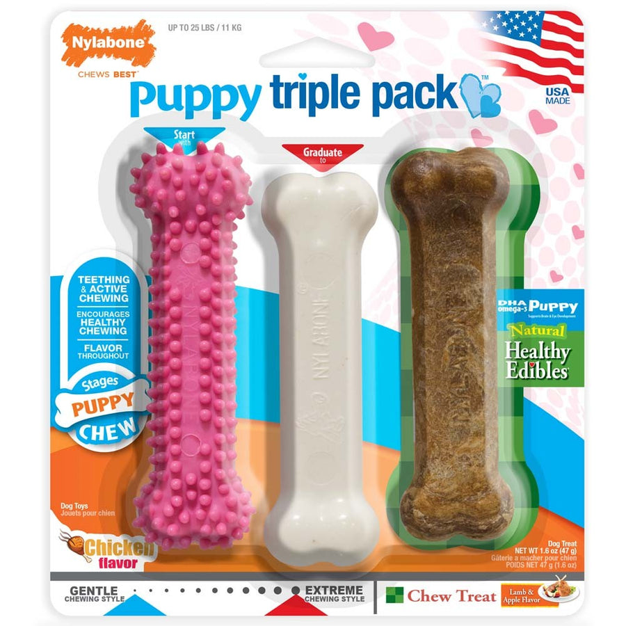 Nylabone Puppy Chew Variety Toy Treat Triple Pack Chicken Lamb Starter Kit, 1ea/SMall/Regular Up To 25 Ibs.