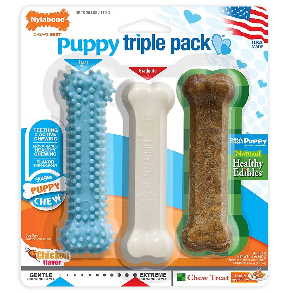 Nylabone Puppy Chew Variety Toy Treat Triple Pack 3 count, SMall/Regular Up To 25 Ibs.