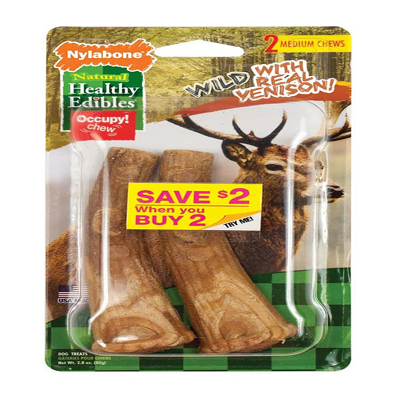 Nylabone Healthy Edibles WILD AllNatural Long Lasting Antler Chew Treats Venison, 1ea/Large/Giant Up To 50 Lbs. 2 ct