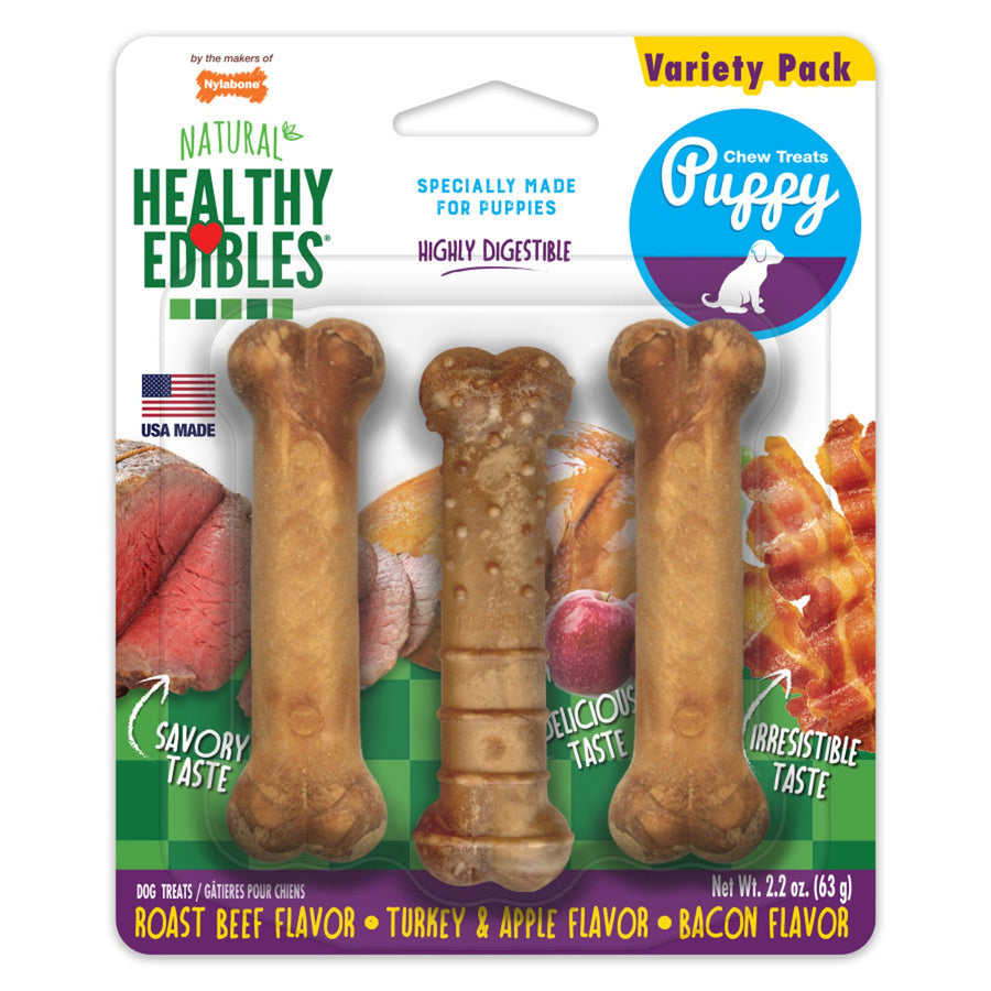 Nylabone Healthy Edibles AllNatural Long Lasting Puppy Chew Treats Roast Beef, Turkey, Apple, Bacon, 1ea/XS/Petite Up To 15 Lbs. 3 ct