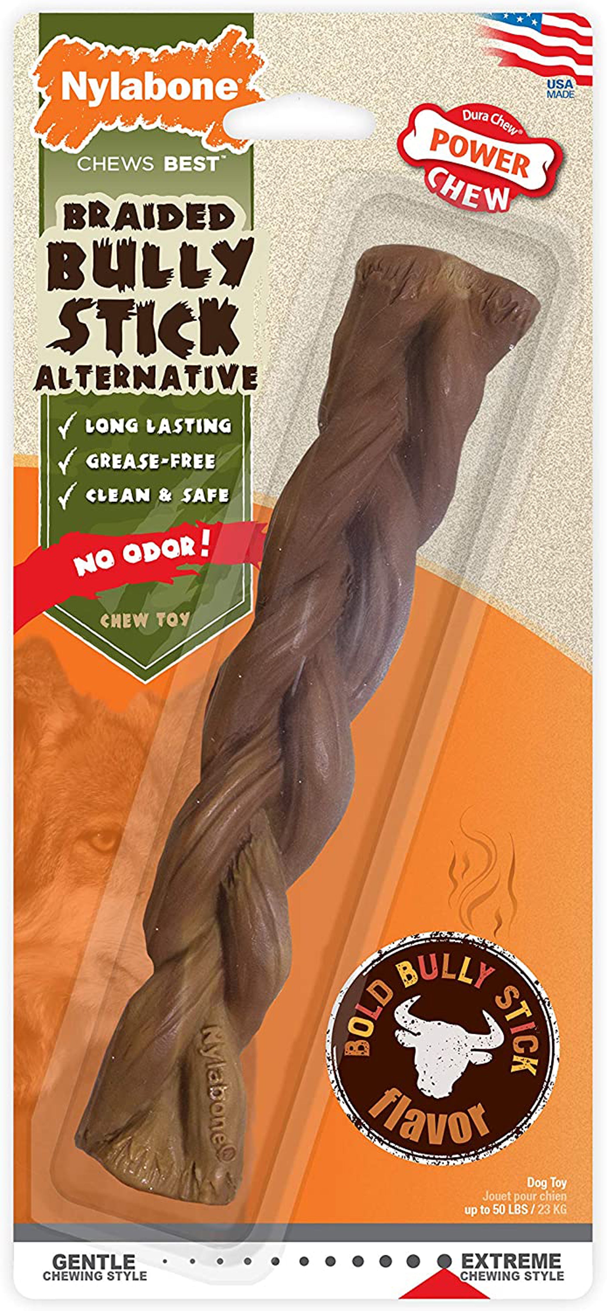 Nylabone Power Chew Braided Bully Stick Alternative Chew Toy Beef, 1ea/Large/Giant Up To 50 Lbs. 1 ct