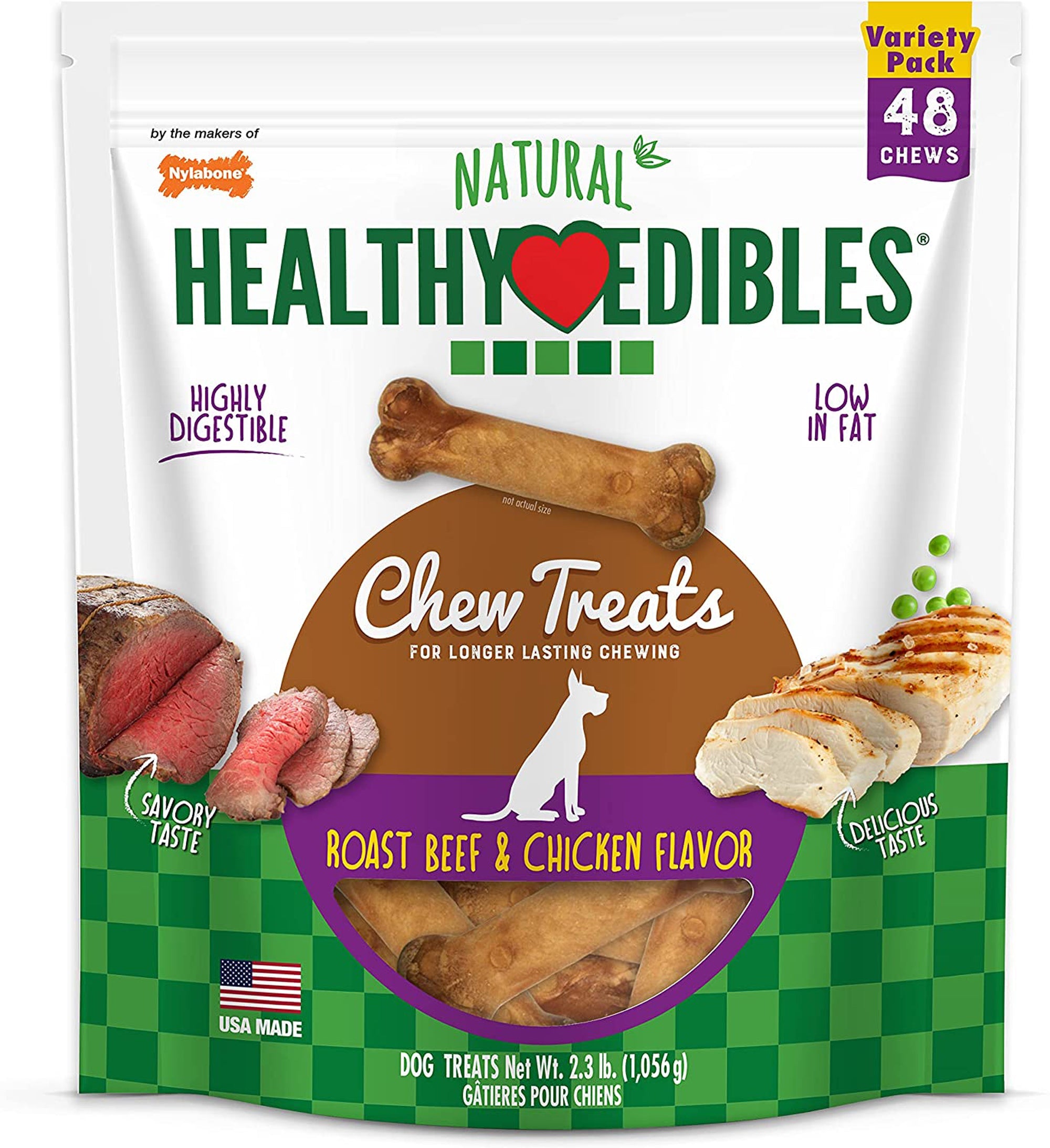 Nylabone Healthy Edibles AllNatural Long Lasting Roast Beef and Chicken Dog Chew Treats Roast Beef Chicken, XS/Petite Up To 15 Lbs. 48 ct