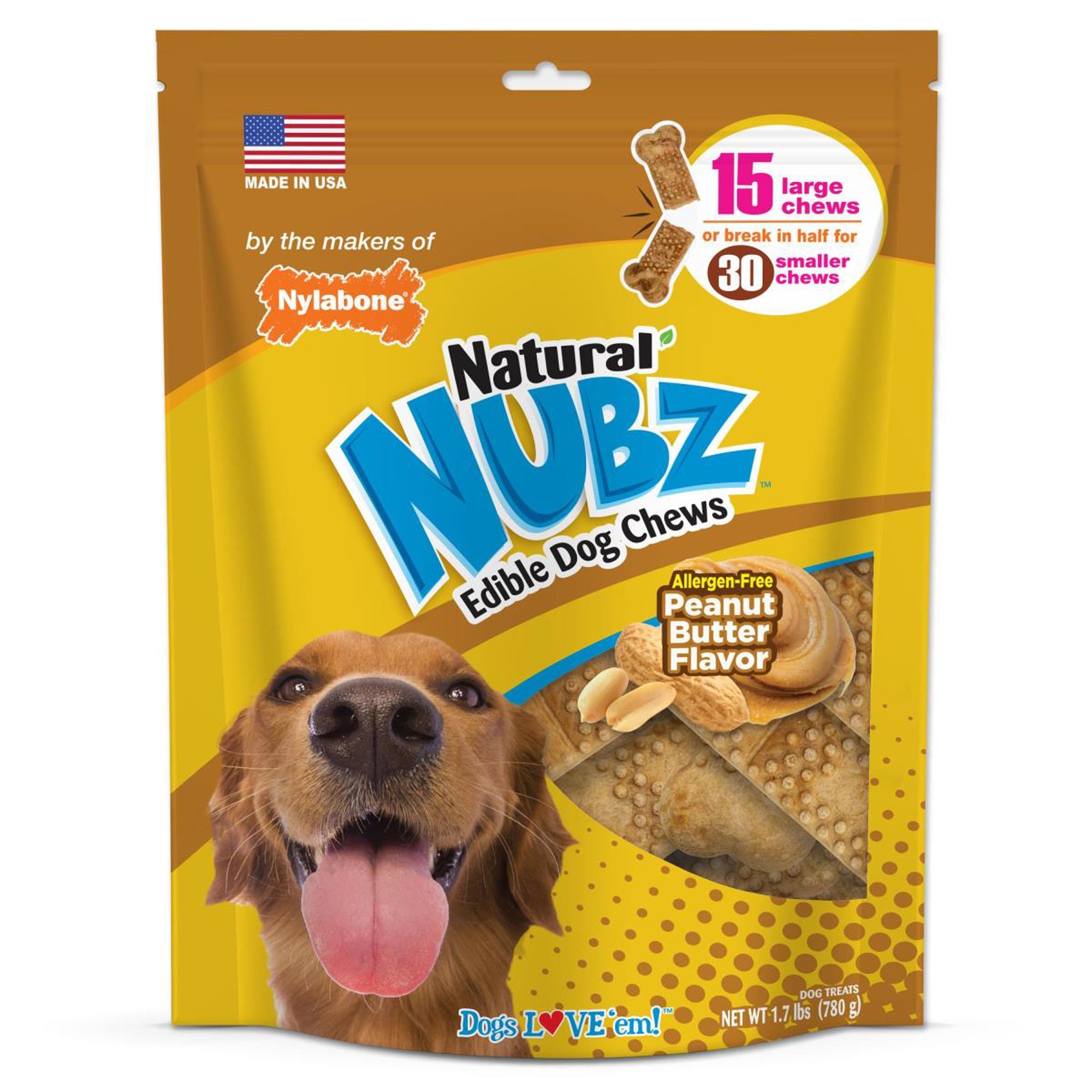 Nylabone Natural Nubz Dog Treats, AllergenFree Peanut Butter Peanut Butter, 1ea/Large 30 Lbs. 15 ct