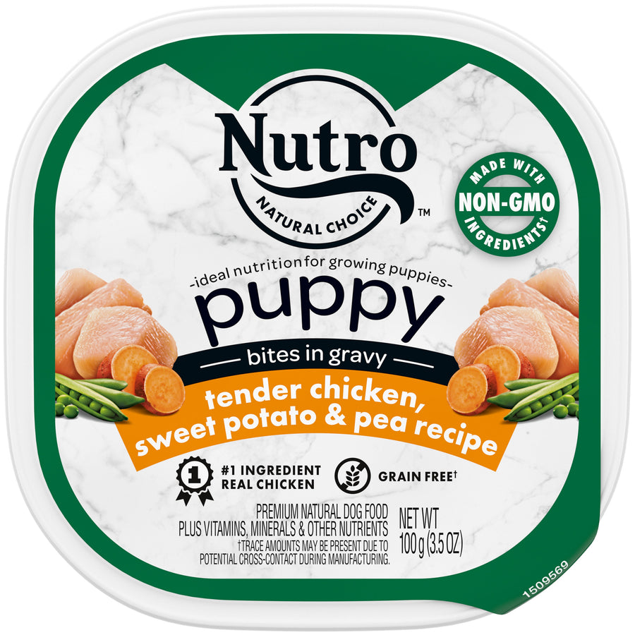 Nutro Products Grain Free Bites in Gravy Puppy Wet Dog Food Tender Chicken, Sweet Potato & Pea 3.5oz 24pk