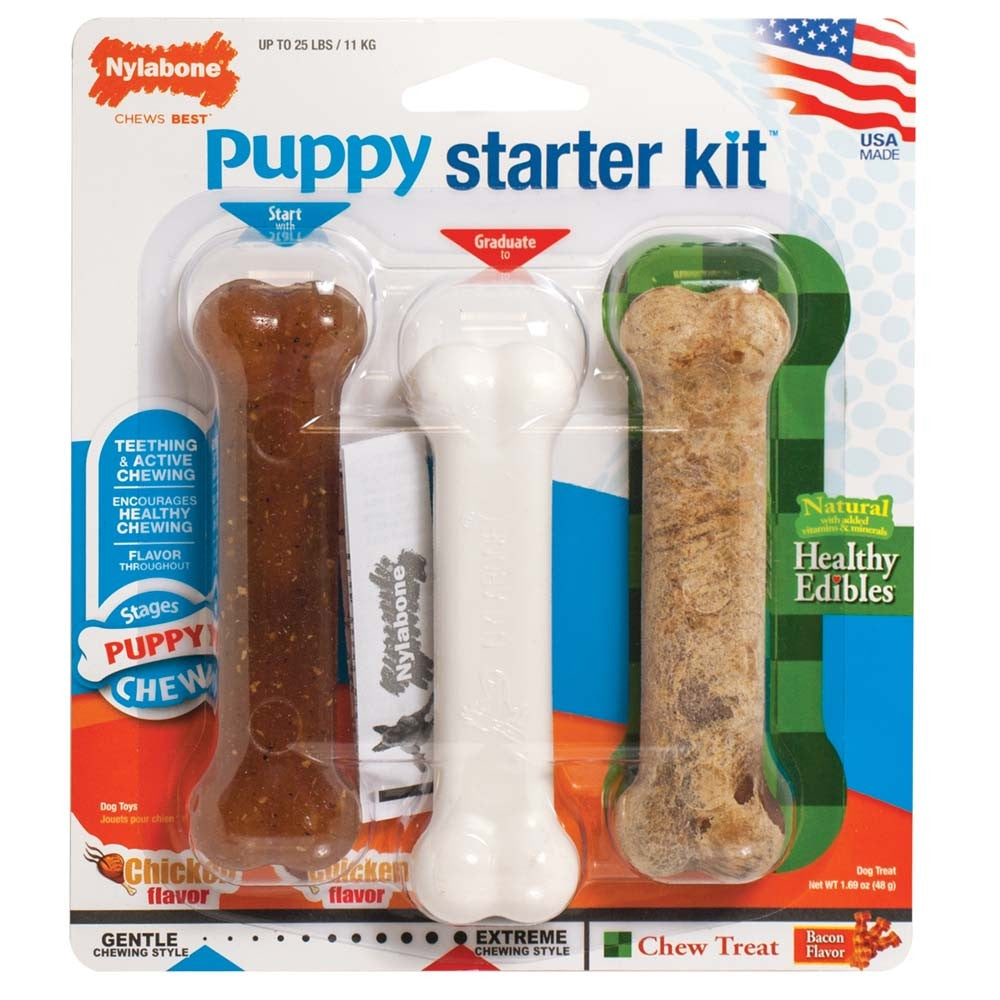 Nylabone Puppy Starter Kit Dog Chew Toys  Treat Chicken  Bacon, 1ea/SMall/Regular  Up To 25 Ibs. 3 ct