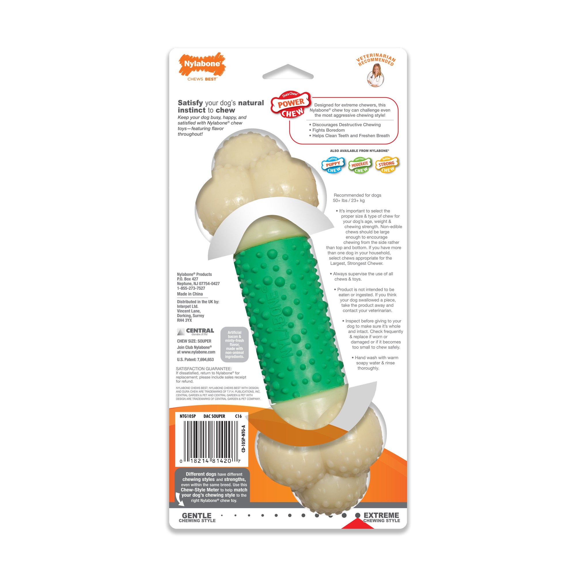 Nylabone Power Chew Double Action Durable Dog Toy Bacon 1ea/XL/Souper - 50+ lb