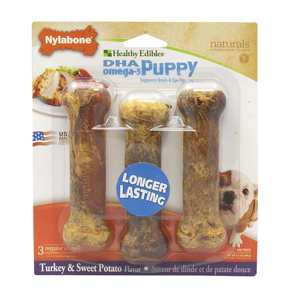 Nylabone Healthy Edibles AllNatural Long Lasting Puppy Chew Treats Turkey  Sweet Potato, 1ea/SMall/Regular  Up To 25 Ibs. 3 ct