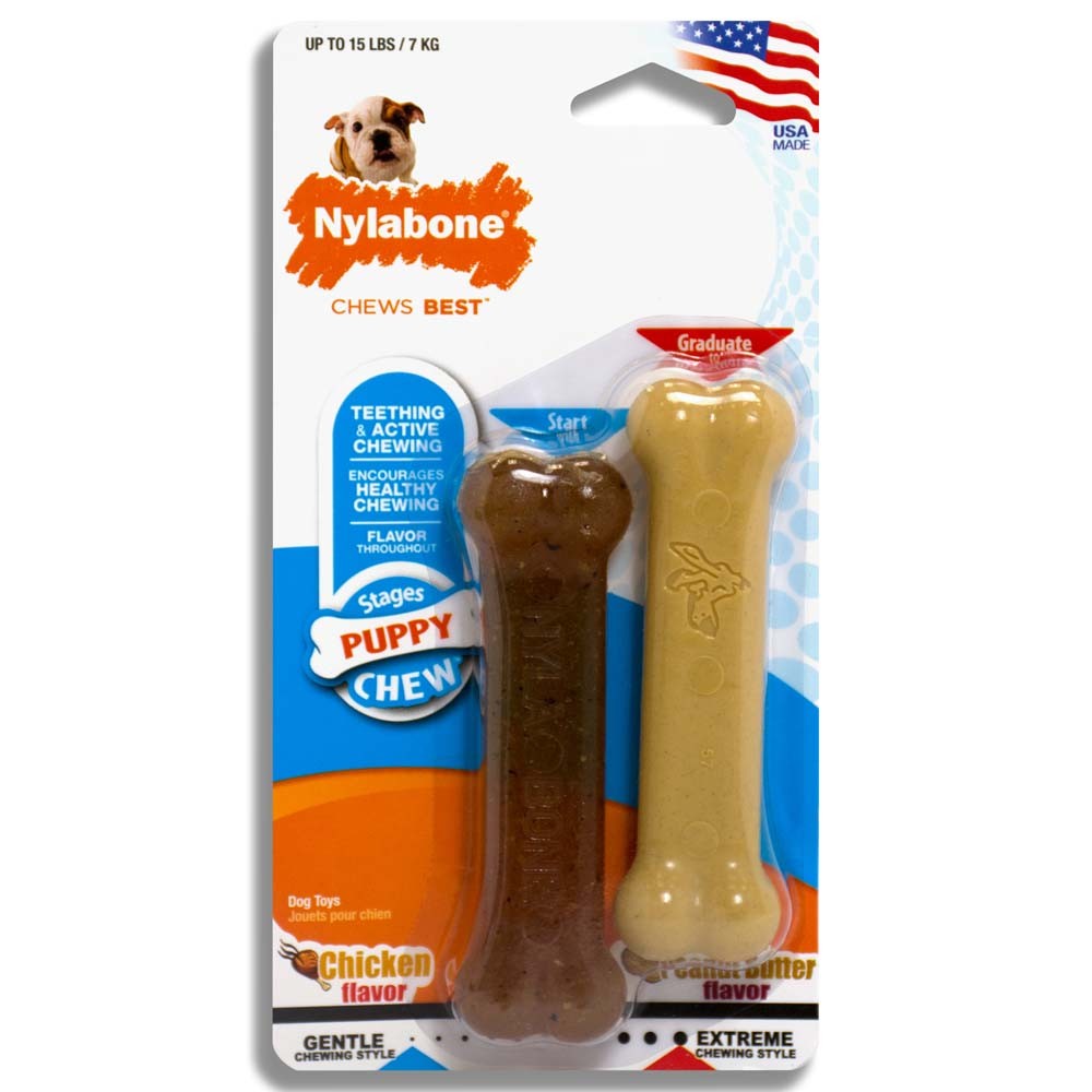 Nylabone Classic Puppy Chew Flavored Durable Dog Chew Toy Chicken  Peanut Butter, 1ea/XS/Petite  Up To 15 Lbs. 2 ct