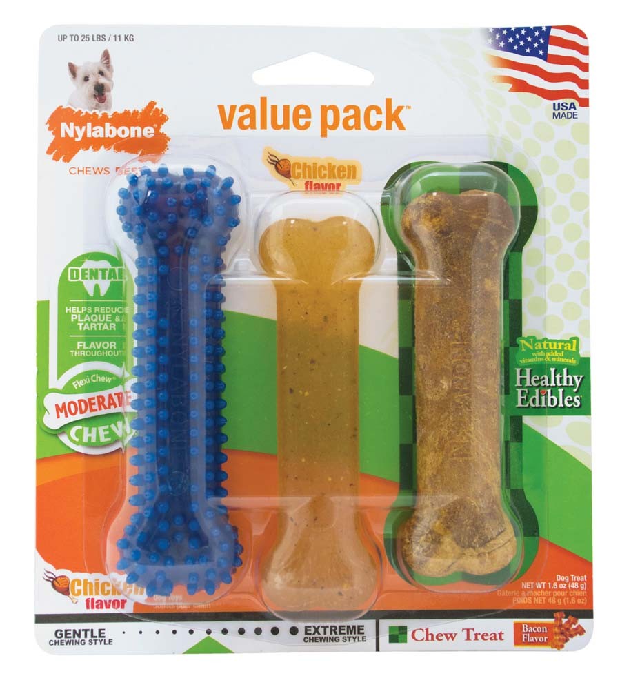 Nylabone Healthy Edibles and Flexi Chew Value Pack Chicken  Bacon, 1ea/SMall/Regular  Up To 25 Ibs. 3 ct