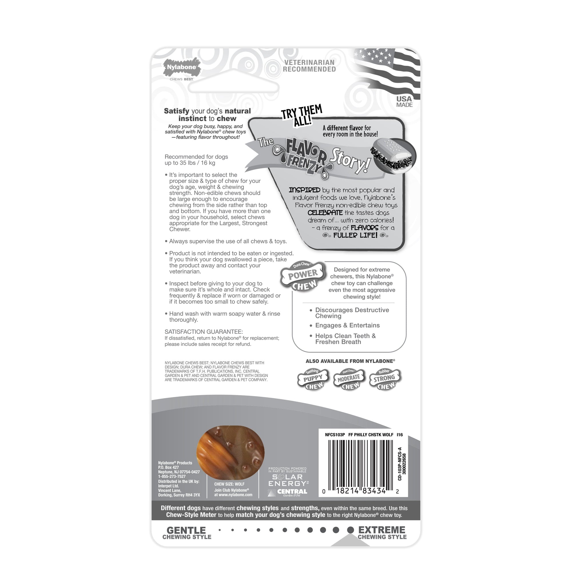 Nylabone Flavor Frenzy Power Chew Durable Dog Chew Toy Philly Cheesesteak, 1ea/Medium/Wolf  Up To 35 Lbs. 1 ct