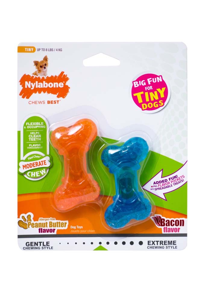Nylabone Moderate Chew FlexiChew Bone Peanut Butter  Bacon, Orange  Blue, 1ea/XXS/Tiny  Up To 8 Lbs. 2 ct