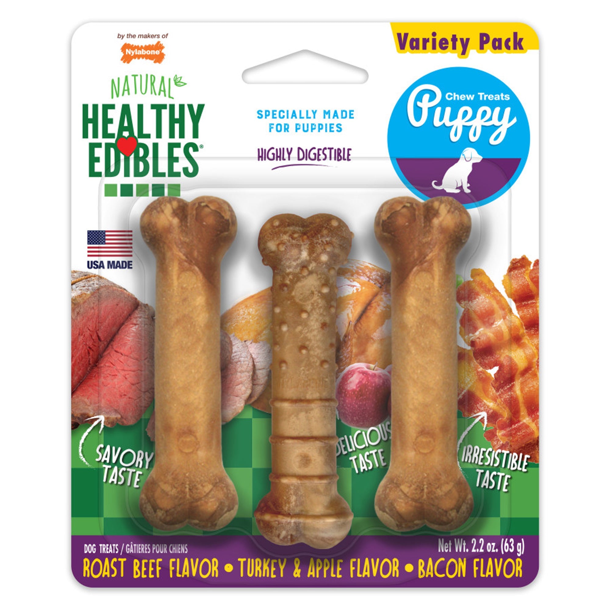 Nylabone Healthy Edibles AllNatural Long Lasting Puppy Chew Treats Roast Beef, Turkey, Apple, Bacon, 1ea/XS/Petite  Up To 15 Lbs. 3 ct