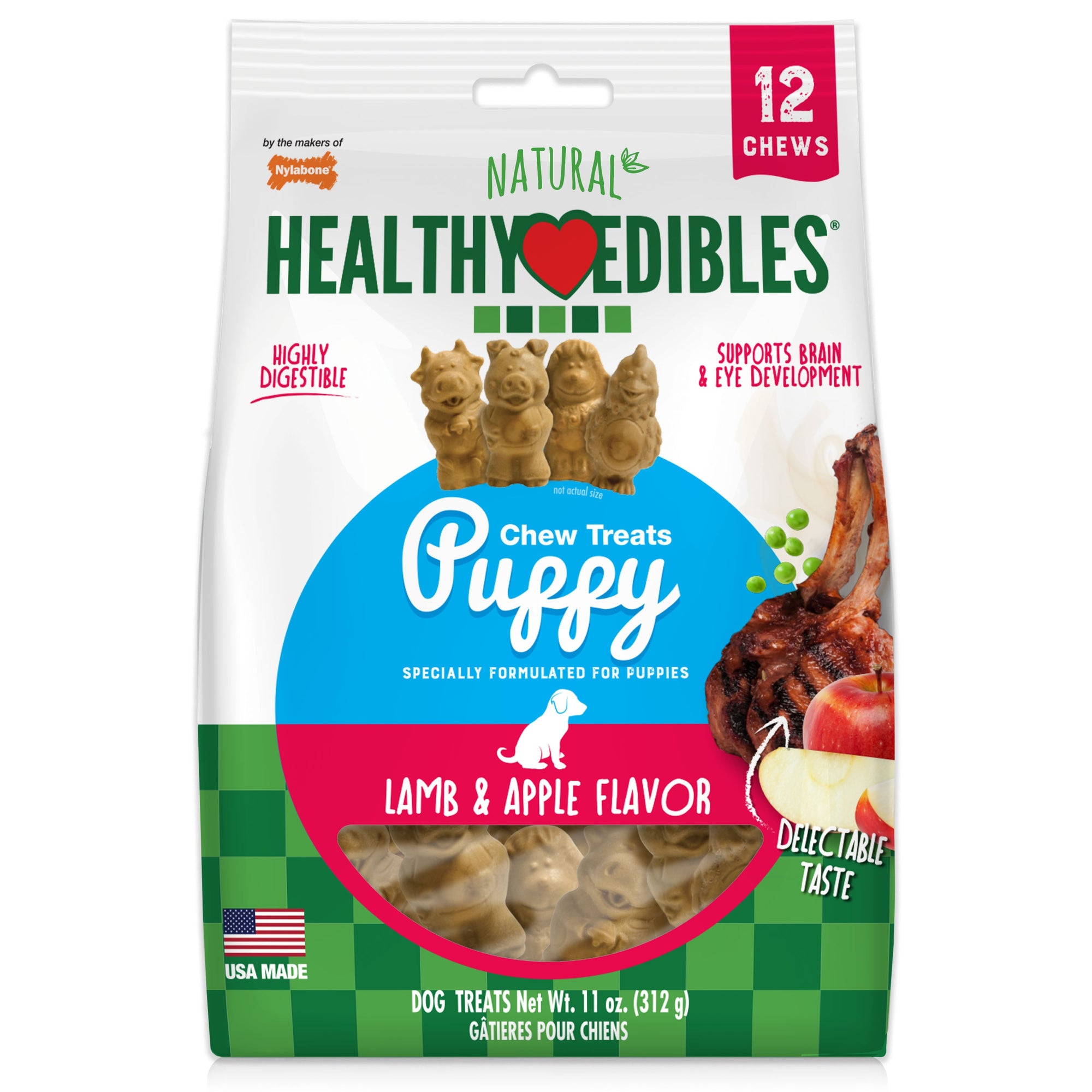 Nylabone Healthy Edibles AllNatural Long Lasting Puppy Chew Treats Lamb  Apple, 1ea/SMall/Regular  Up To 25 Ibs. 12 ct