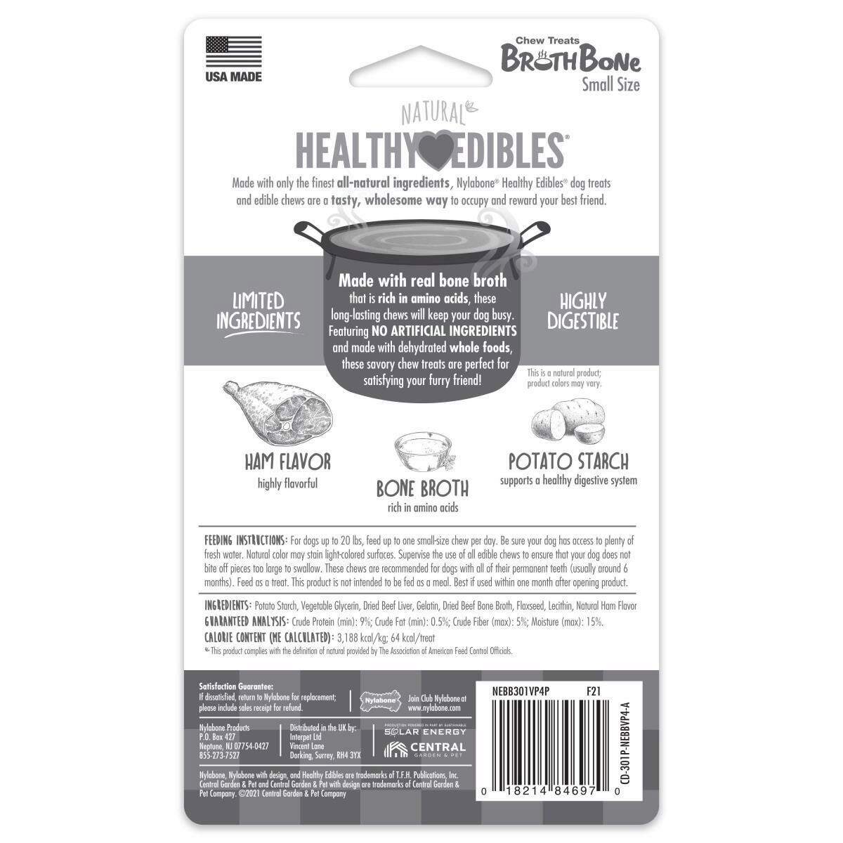 Nylabone Healthy Edibles Broth Bone AllNatural Long Lasting Chew Treats Ham, 1ea/SMall/Regular  Up To 25 Ibs. 4 ct