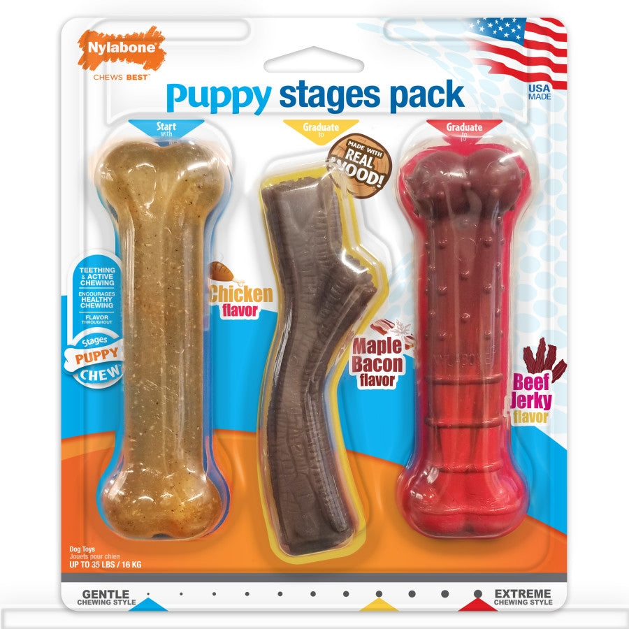 Nylabone Puppy Chew Stages Triple Pack Chewy Toys Chicken, Bacon,  Beef Jerky, 1ea/Medium/Wolf  Up To 35 Lbs. 3 ct