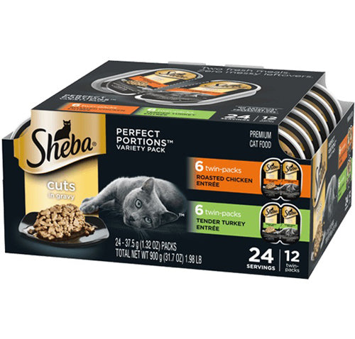 Sheba Perfect Portions Cuts in Gravy Wet Cat Food Variety Pack (Roasted Chicken, Tender Turkey) 2.6oz 12pk