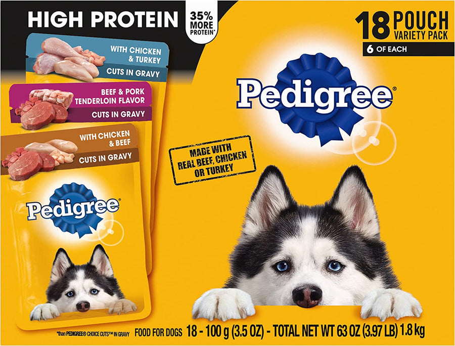 Pedigree High Protein Adult Wet Dog Food Pouch Variety Pack 3.5oz. (Case of 18)