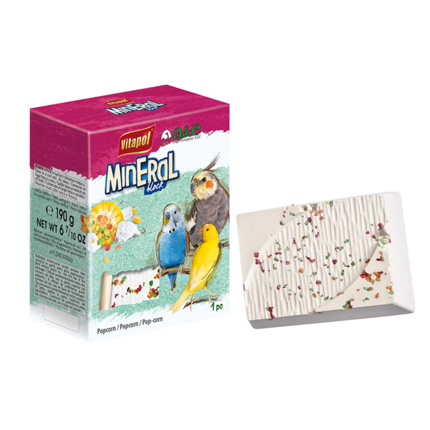 A & E Cages Vitapol Infused Mineral Block for Birds Popcorn, 1ea/190 g (Pack of 3)