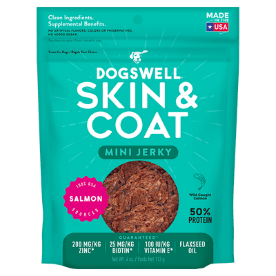 Dogswell Jerky Skin and Coat Mini Grain-Free Salmon 4oz.