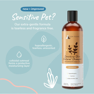 **Kin+Kind Sensitive Skin Unscented Oatmeal 12oz. Natural Shampoo Puppy/Kitten Safe