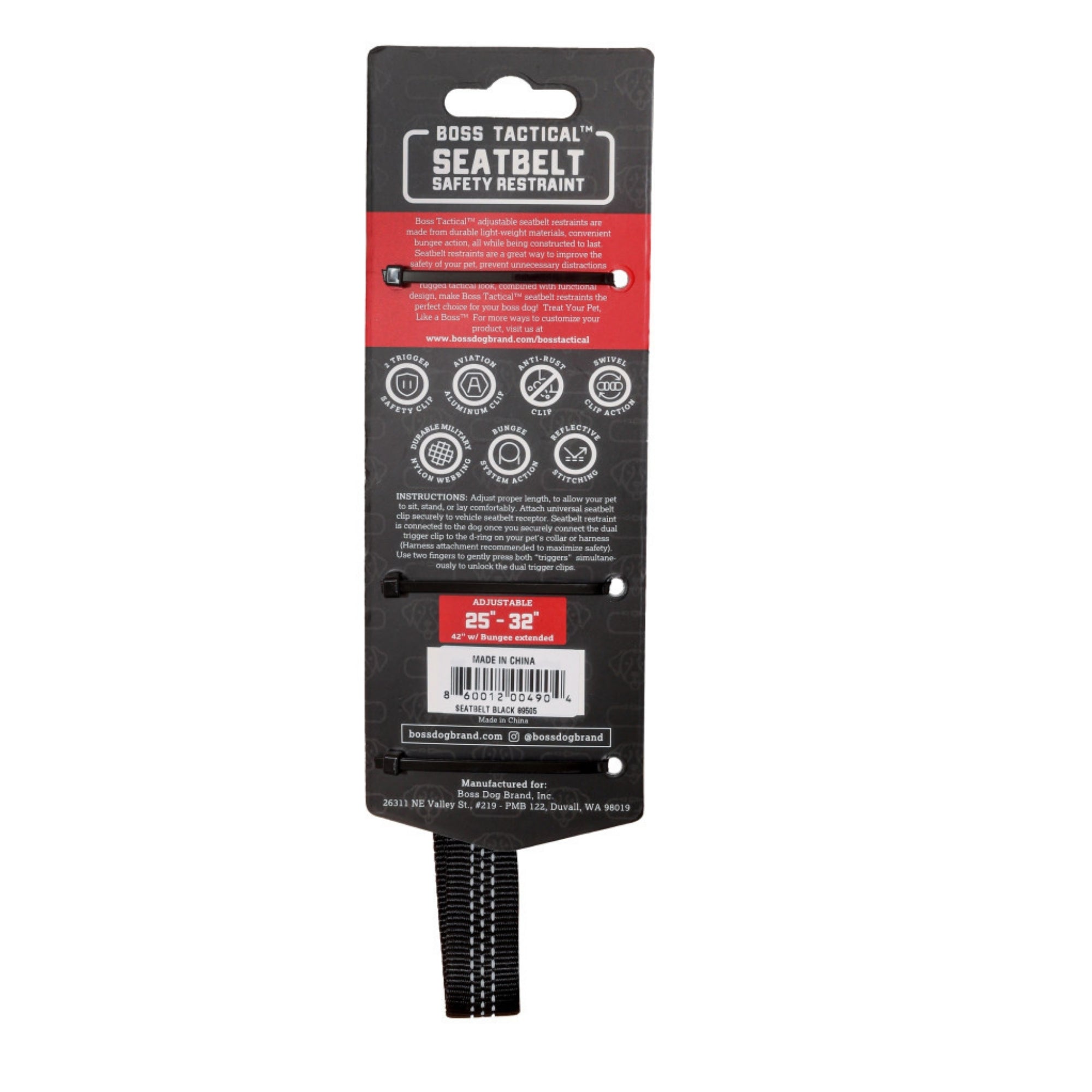 Boss Dog Tactical Seatbelt w/Bungee Black, 1ea/2532 in