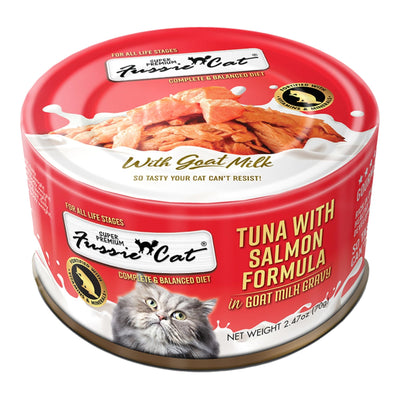 **Fussie Cat Premium Tuna with Salmon in Goat milk Gravy 2.47oz. (Case of 24)