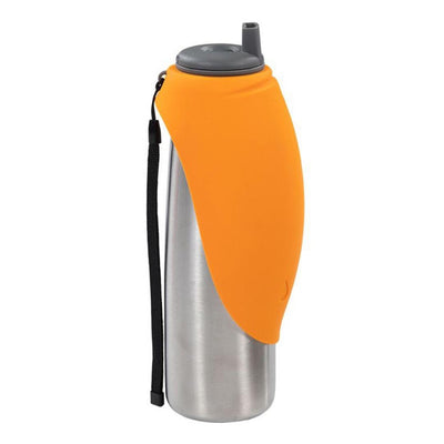 Messy Mutts Dog Double Stainless Travel Water Bottle Silicone Flip Bowl 20Oz 600Ml Orange